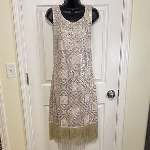 NWT Unique Vintage Beige Sequin Dress with Fringe Size XL